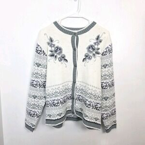 Vintage Koret Cream Gray Floral Embroidered Beaded Grandmacore Cardigan Size MP